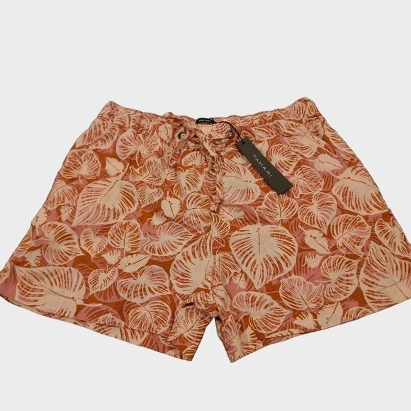 Tahari New 100% Linen Tropical Print Muted Red Pink Drawstring Shorts Size Small - Picture 4 of 11